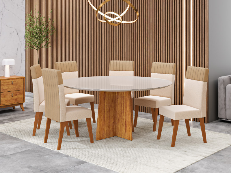 Viero Móveis Nicole Redonda 1350_Mel_Vd Off_6 Cad Monaco_Linho Bronze_Corano Areia