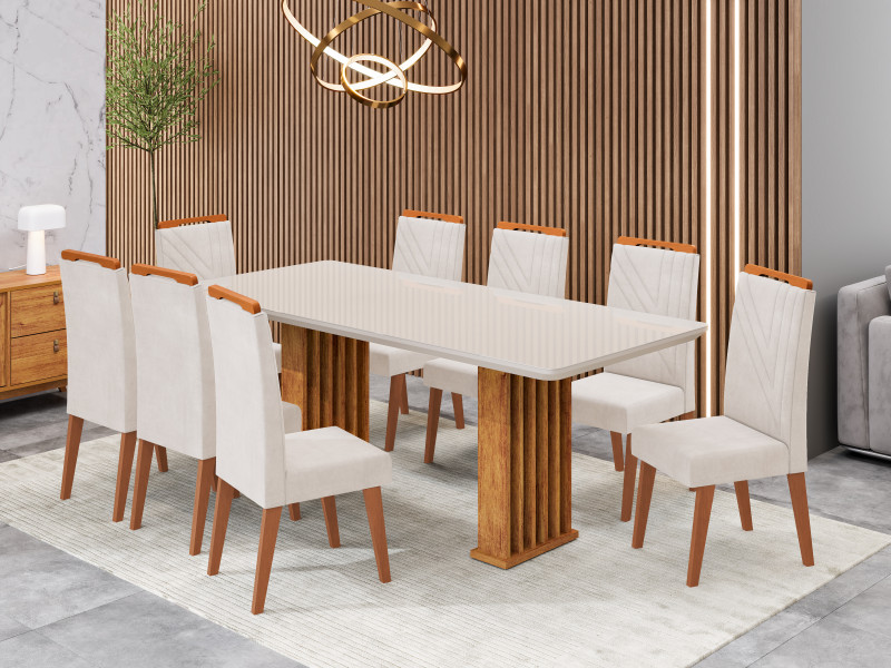 Viero Móveis Mesa Munique 2,00x90_Mel_Off_8 Cad Diamante_Veludo Marfim