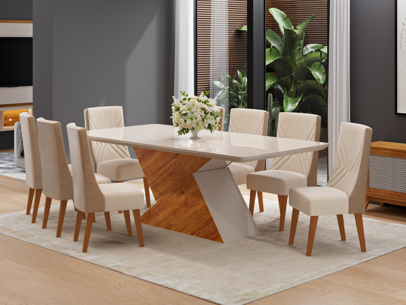 Viero Móveis Mesa Prestige_ Glamour 200x90_Mel_Off_8 Cad Topazio_Linho Bronze_Corano Areia